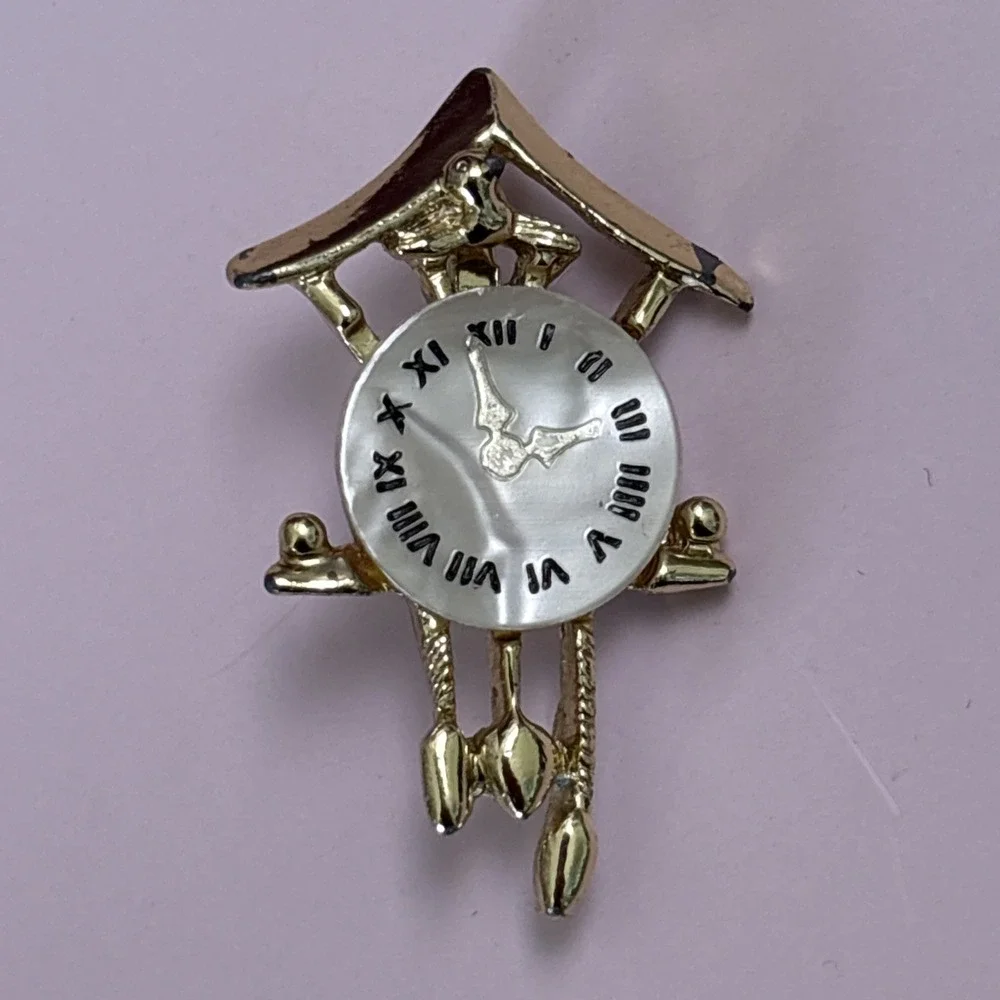 Vintage Mother of Pearl Gold Tone Cuckoo Clock Brooch Pin